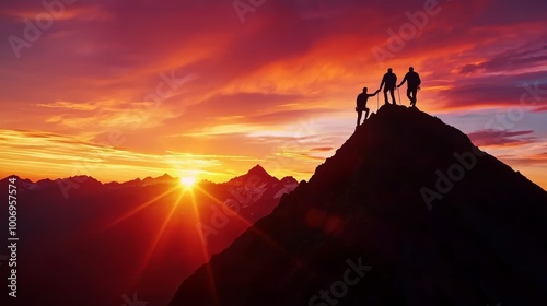 Two business leaders climbing a mountain together, hand in hand, set against a stunning, colorful sunset, symbolizing teamwork and achievement