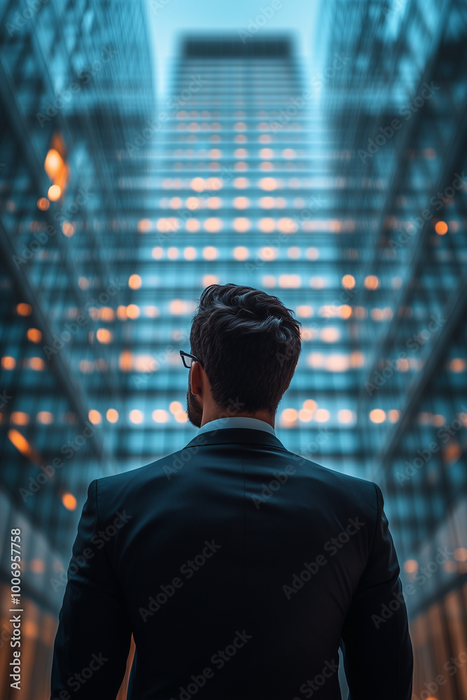 A man in a suit standing against the backdrop of an office building, looking up at it with determination and confidence. The photo is taken from behind his back. Unsplash photograp