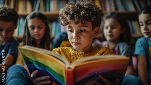 LGBTQA+ , LGBT : A person reading a story about LGBTQ+ heroes to a group of children, fostering inclusivity and acceptance.