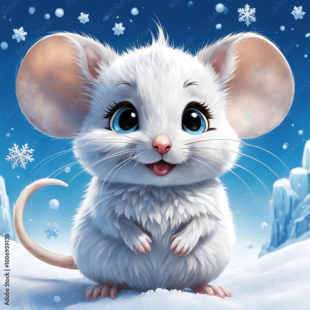 A cute, fluffy white mouse with big blue eyes, smiling in a snowy landscape with snowflakes. A cute, fluffy white mouse with big blue eyes, smiling in a snowy landscape with snowflakes.