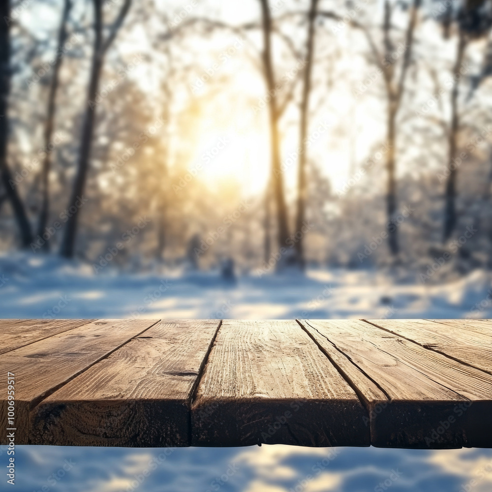 rustic wooden table top is set against blurred winter forest background, illuminated by soft sunlight filtering through trees, creating serene and peaceful atmosphere rustic wooden table top is set against blurred winter forest background, illuminated by soft sunlight filtering through trees, creating serene and peaceful atmosphere