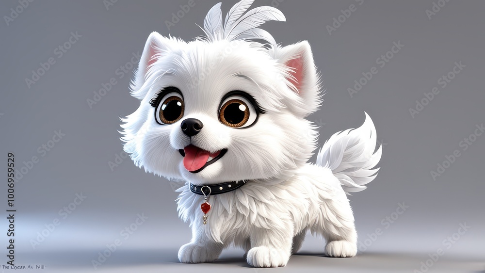 A cute, fluffy white puppy with big eyes and a playful expression.