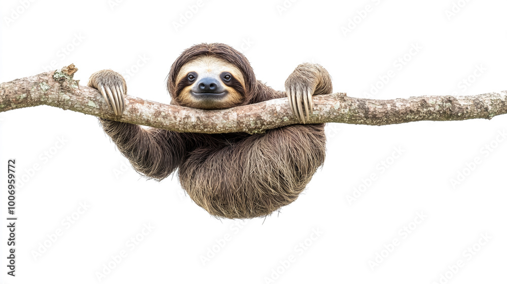 Sloth hanging from a branch in a bright setting, showcasing its relaxed demeanor Sloth hanging from a branch in a bright setting, showcasing its relaxed demeanor