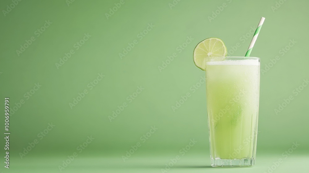 A tall glass filled with sparkling lemon-lime soda features effervescent bubbles, a lime twist, and a straw, set against a fresh pastel green backdrop A tall glass filled with sparkling lemon-lime soda features effervescent bubbles, a lime twist, and a straw, set against a fresh pastel green backdrop