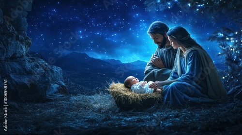 Nativity story - Joseph, Mary and newborn baby Jesus Christ. Christian Christmas scene with holy family in dark blue night. Birth of Salvation, Messiah, Emmanuel, God with us