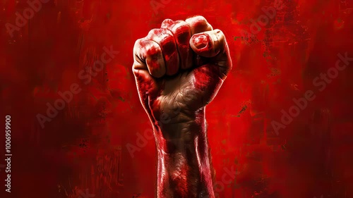 A raised fist symbolizing anger or righteous anger. Dark red.