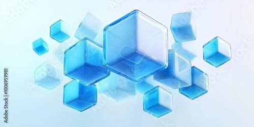  white background with blue and white geometric cubes floating in the air,Distributed cubes, featuring an abstract style