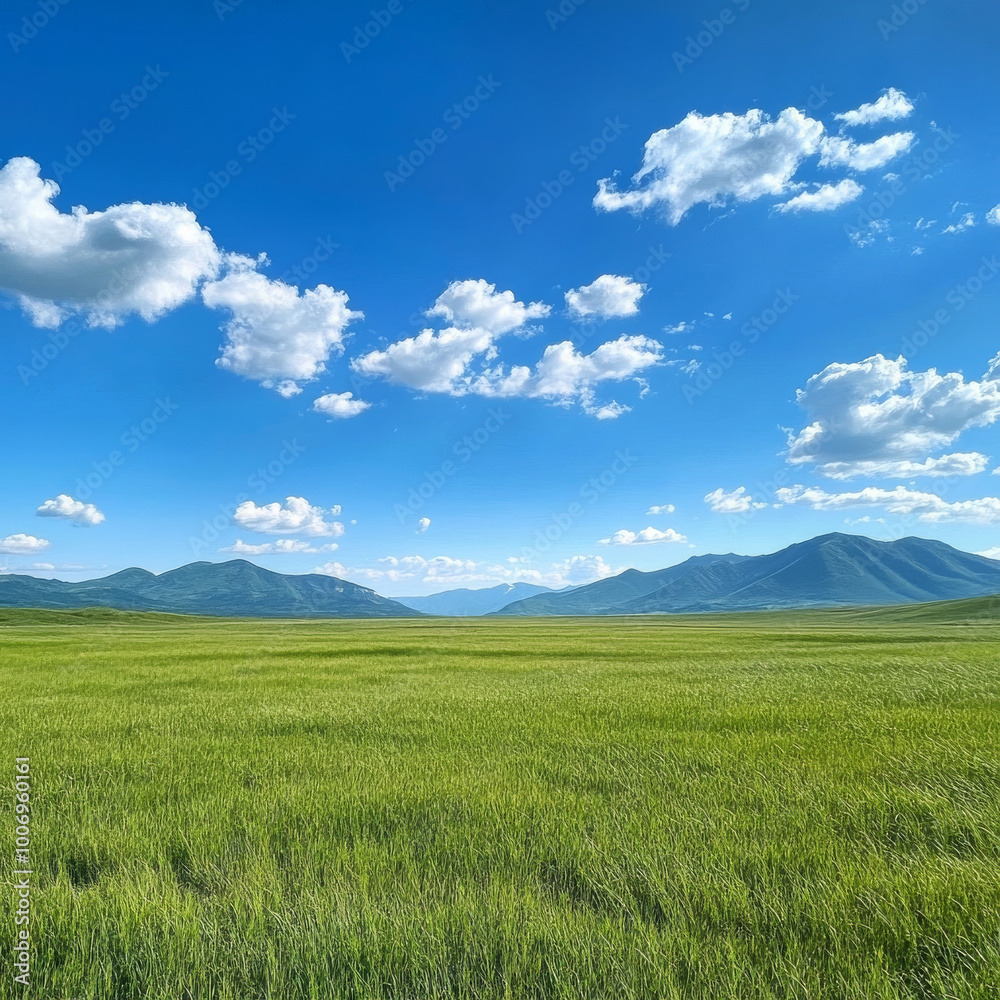 panoramic view of vibrant green grass field under bright blue sky with fluffy white clouds and distant mountains. serene landscape evokes sense of tranquility and natural beauty