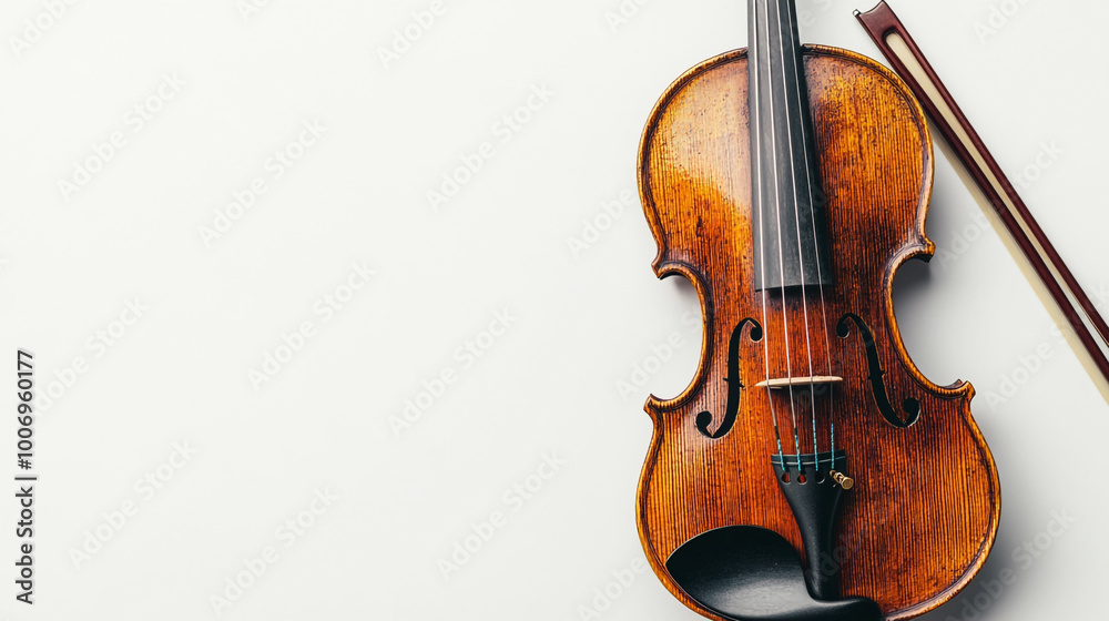 A beautifully crafted wooden violin resting on a white surface with its bow nearby A beautifully crafted wooden violin resting on a white surface with its bow nearby