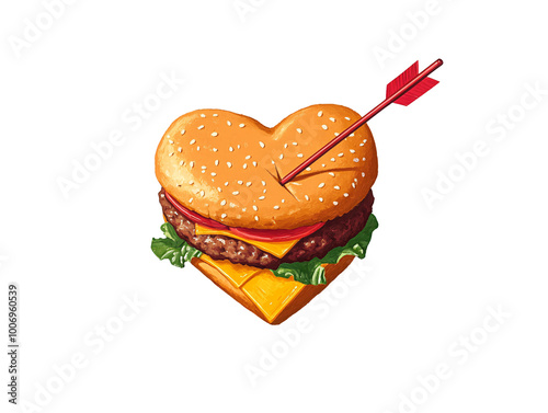 a hamburger with an arrow in the shape of a heart