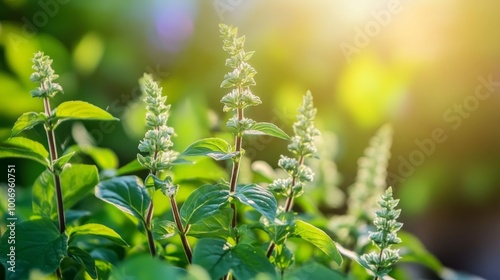 holy basil leaves (Ocimum tenuiflorum), commonly known as holy basil, tulsi, tulasi, kemangi or surawung that usually used as lalapan in Indonesia photo