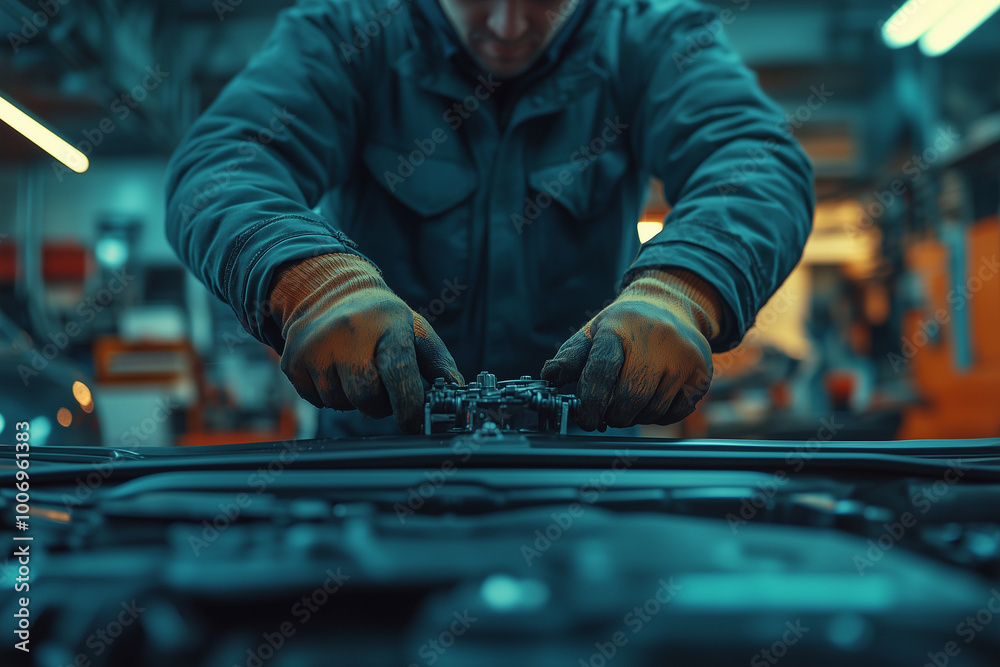 a white man wearing protective gloves and adjusting a car part under the hood. The garage is brightly lit, and the background is Blureed wi a white man wearing protective gloves and adjusting a car part under the hood. The garage is brightly lit, and the background is Blureed wi