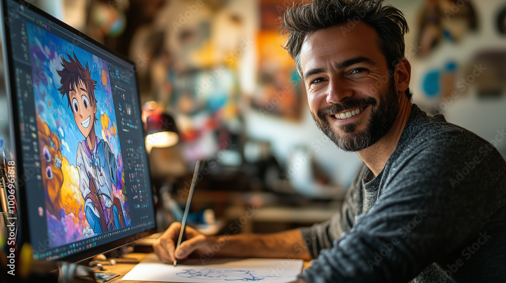 A happy man with short hair and a beard sits at his desk in front of a computer, drawing an anime character on paper using digital software on the screen. The close-up shot shows h A happy man with short hair and a beard sits at his desk in front of a computer, drawing an anime character on paper using digital software on the screen. The close-up shot shows h