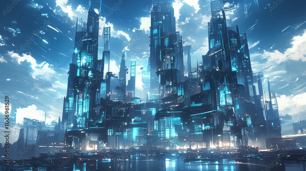Fototapeta premium Futuristic Cityscape with Neon Lights and Clouds