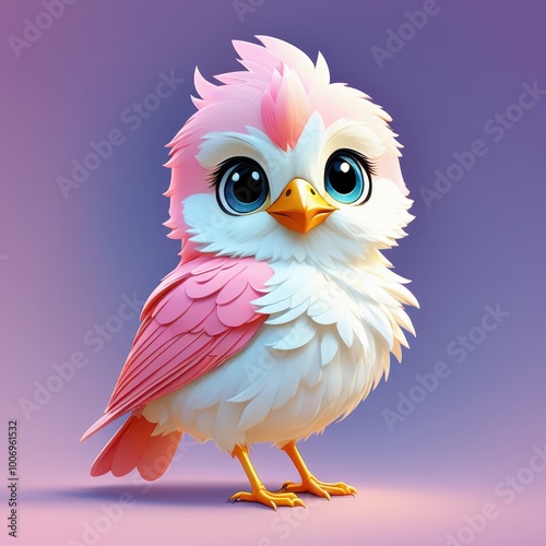 A cute, stylized bird with pink and white feathers, large expressive eyes, and a playful demeanor.