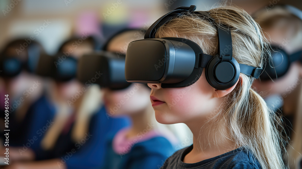 Cute girl child in virtual reality glasses at a school class, students using VR headsets for education and gaming technology concept Cute girl child in virtual reality glasses at a school class, students using VR headsets for education and gaming technology concept