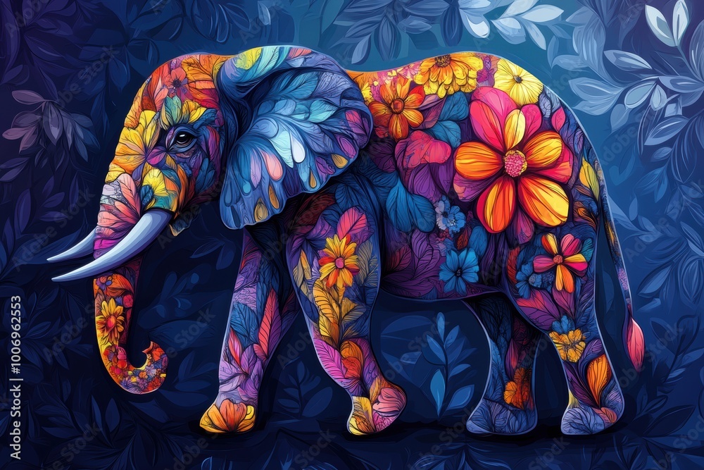 Obraz premium vibrant elephant doodle with floral patterns, a unique banner for wildlife conservation promotion savetheelephants