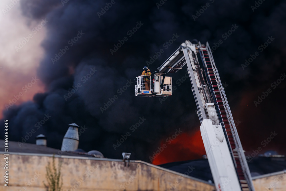 Obraz premium Firefighters use telescopic tower during massive large blaze fire, firetruck with crane, firemen team putting out the fire with extendable fire ladder, blazing warehouse factory, burning building