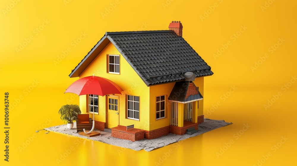 home insurance concept housing residential home cartoon house isometric rendering under umbrella household safety protection illustration 3d rendering on yellow background home insurance concept housing residential home cartoon house isometric rendering under umbrella household safety protection illustration 3d rendering on yellow background