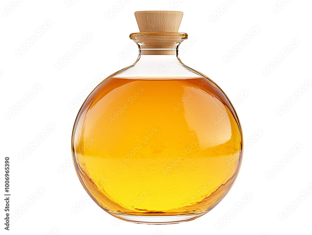 a glass bottle with a cork and a yellow liquid