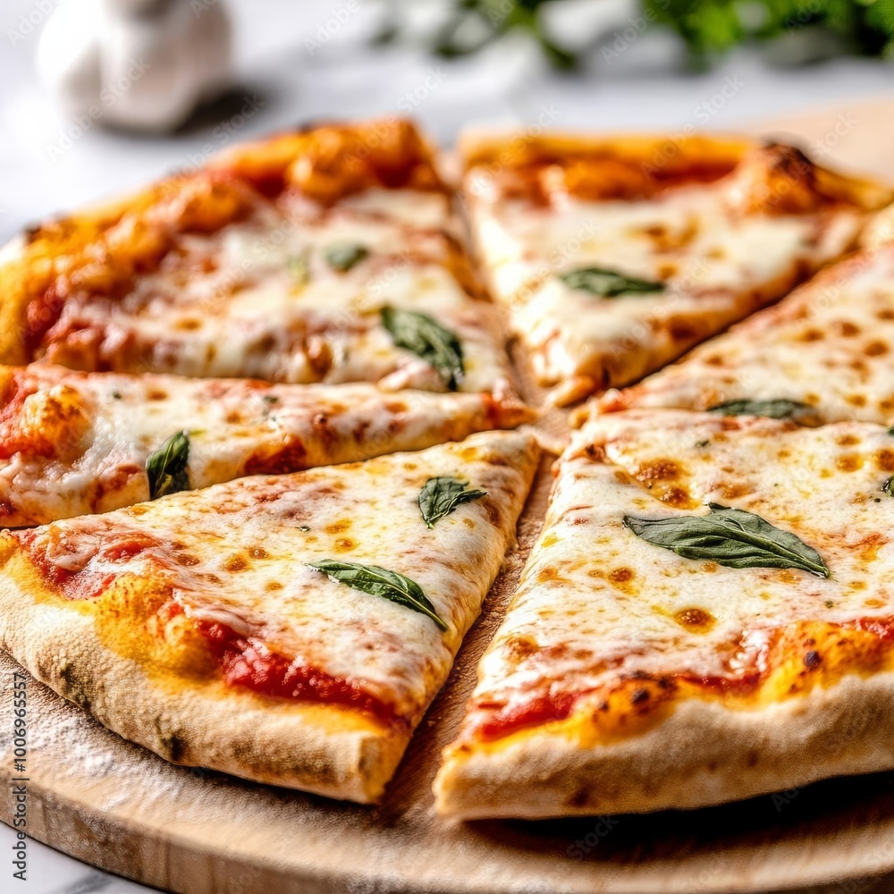 Gourmet herbs on margarita pizza, cheese melt