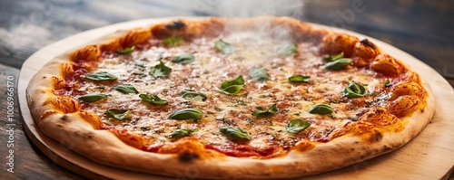 Gourmet margarita pizza, herbs scattered, steam rising, cozy