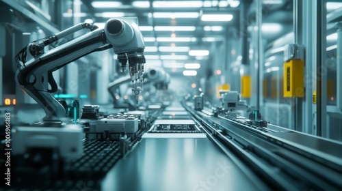 Automated production line in a futuristic factory, robotic arms assembling products with extreme precision, AI monitoring for efficiency and quality