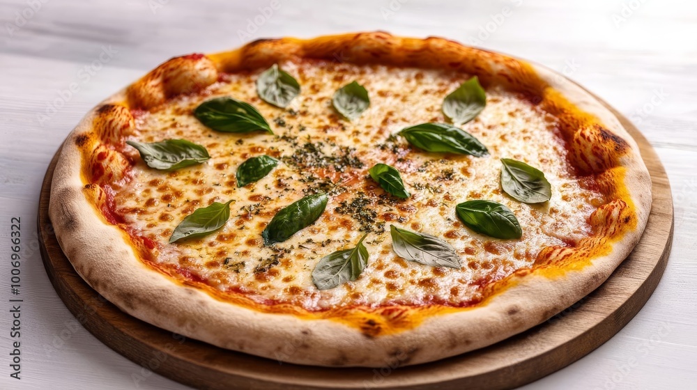 Gourmet margarita pizza, herbs, bubbling cheese, rustic setting Gourmet margarita pizza, herbs, bubbling cheese, rustic setting