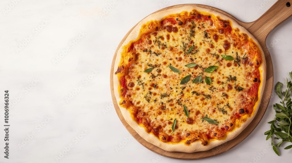 Gourmet margarita pizza, herbs, rustic wooden board Gourmet margarita pizza, herbs, rustic wooden board
