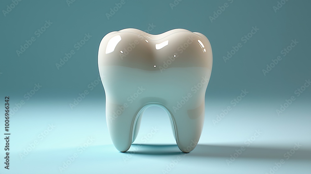 A shiny, 3D-rendered tooth model against a soft blue background, emphasizing its smooth surface and dental features A shiny, 3D-rendered tooth model against a soft blue background, emphasizing its smooth surface and dental features