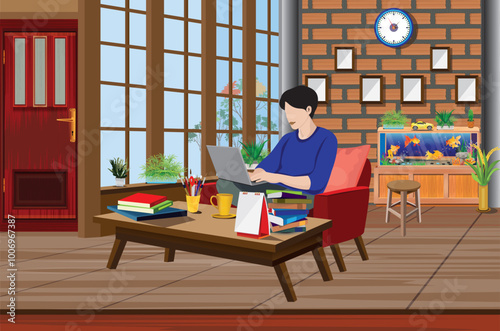 A young man is working at home.vector design