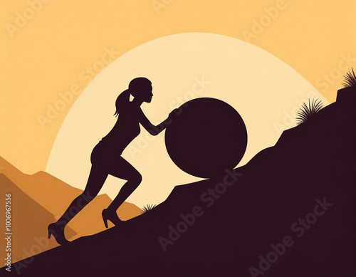 Woman Pushing Stone Up Empowering Feminist Female Power Concept
