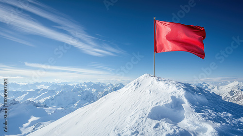 Red flag on the top of a snowy mountain, with a snow background 