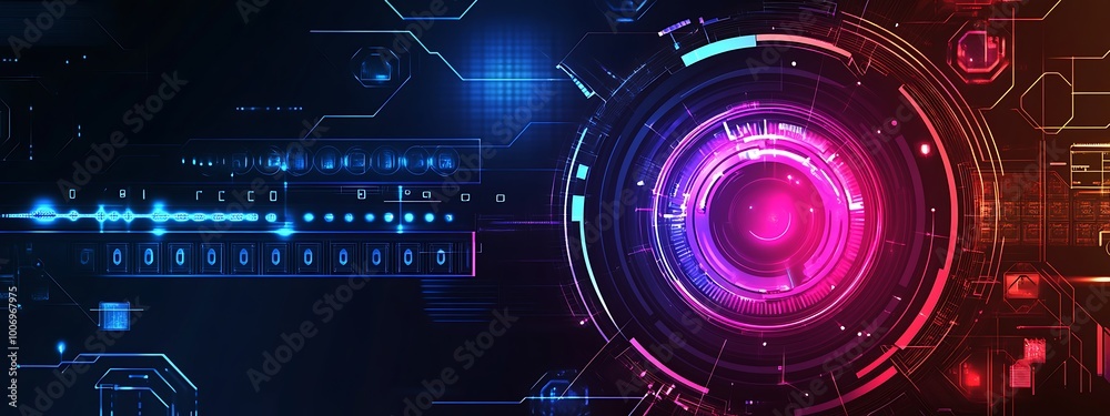 Futuristic digital abstract background with a glowing circular interface and circuit board elements. Futuristic digital abstract background with a glowing circular interface and circuit board elements.