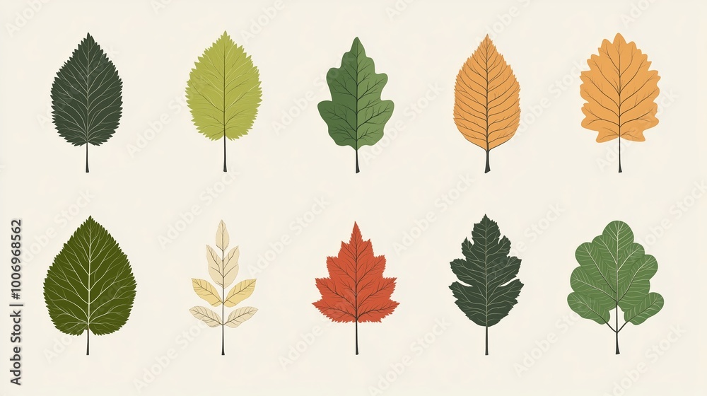 Fototapeta premium A diverse collection of beautifully illustrated leaves showcasing seasonal colors and shapes, perfect for educational use