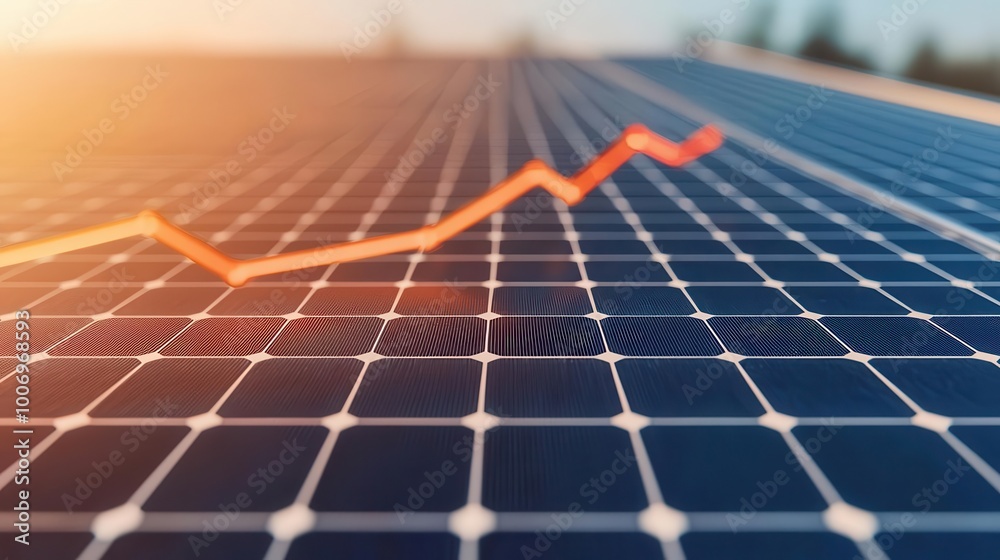 Solar panels creating an upward financial graph, representing investment in renewable energy, green technology, economic returns Solar panels creating an upward financial graph, representing investment in renewable energy, green technology, economic returns