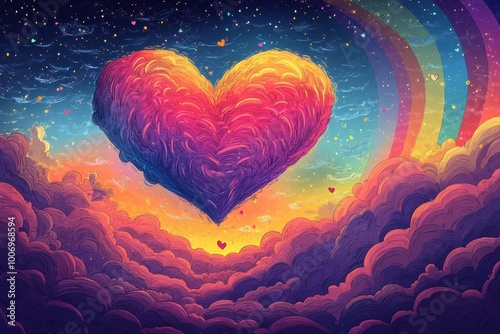 fantasy love illustration, a whimsical doodle depicting a giant heart soaring in the sky, encircled by colorful rainbows and sparkles, embodying the concept of human love photo