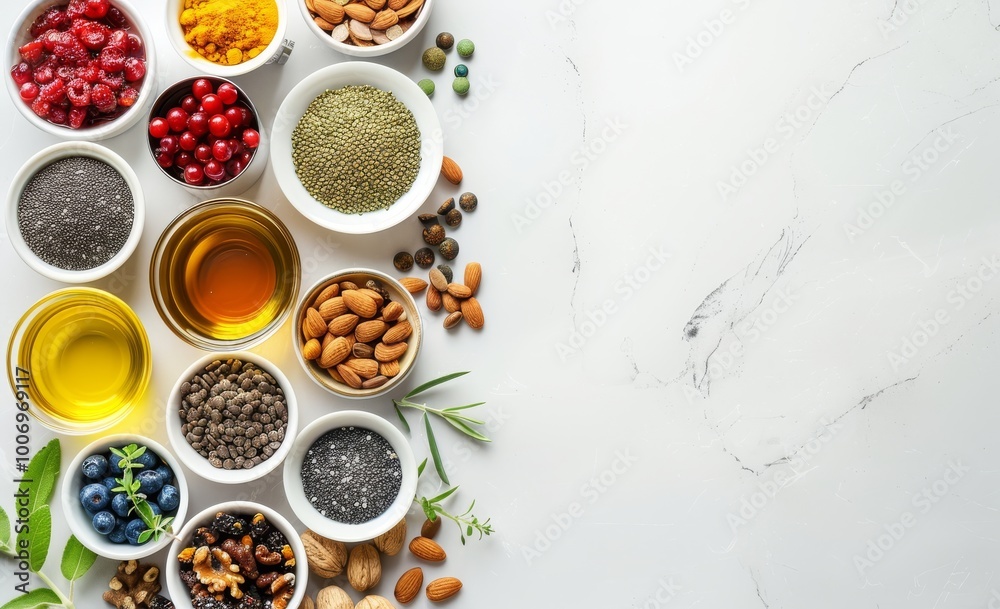 A photo of various sustainable superfood ingredients and supplements arranged on a table, including berries, nuts, tea leaves, olive oil, fruit juice, and multivitamin pills. The background is a white A photo of various sustainable superfood ingredients and supplements arranged on a table, including berries, nuts, tea leaves, olive oil, fruit juice, and multivitamin pills. The background is a white
