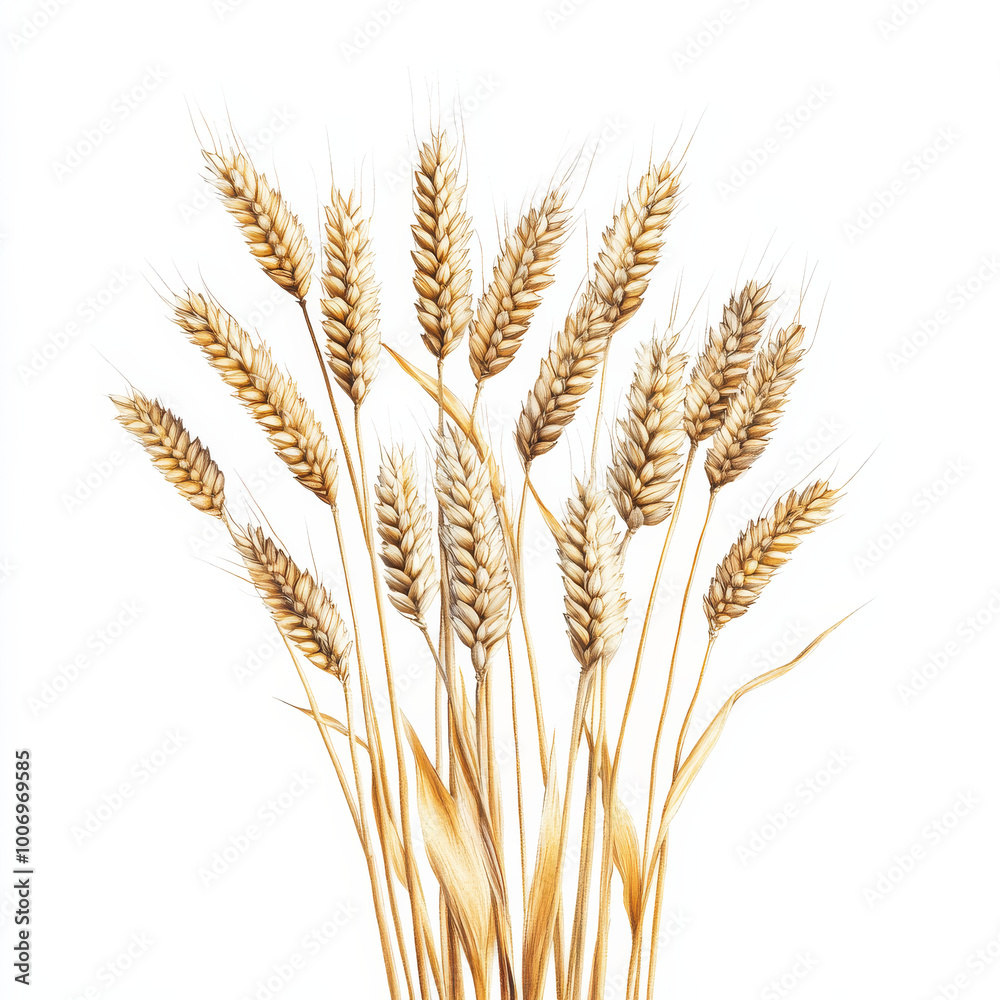 Wheat ears isolated on white background create serene and natural aesthetic, showcasing beauty of agricultural elements. This image captures essence of harvest and natures bounty