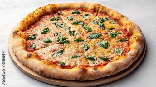 Margarita pizza herbs, crispy crust, olive oil drizzle, rustic