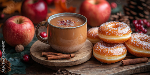 A mug of apple juice and doughnuts on an autumn table with apples, cinnamon sticks, leaves, and other fall elements in the background.