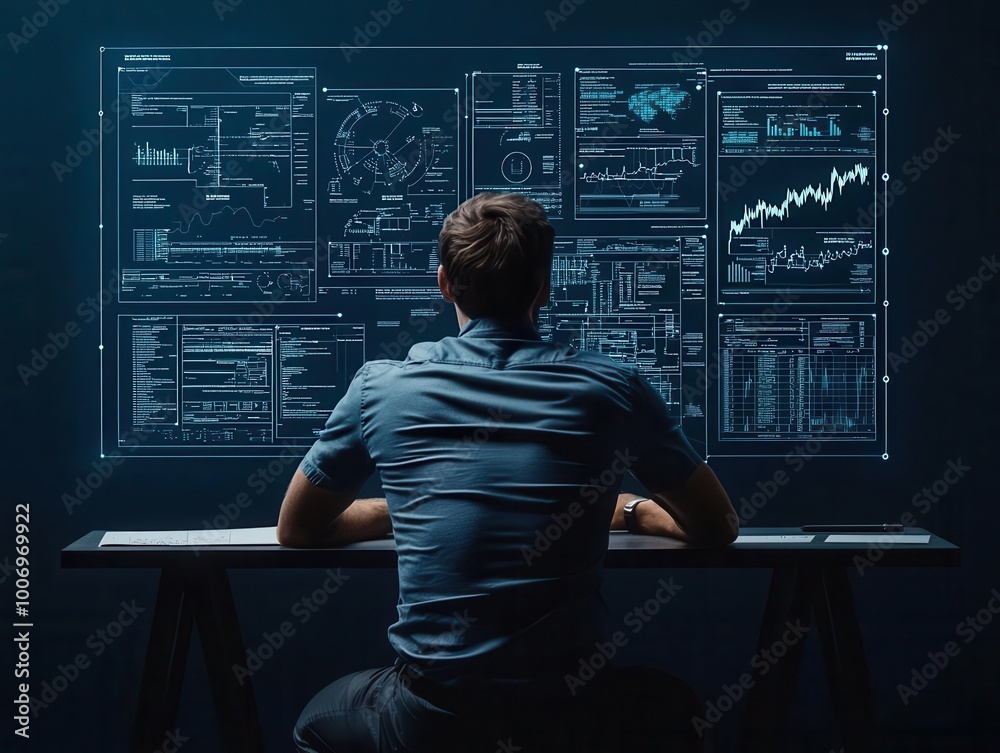 Engineer reviewing blueprints with financial projections on holographic screens, engineering economy, tech-driven investment strategies Engineer reviewing blueprints with financial projections on holographic screens, engineering economy, tech-driven investment strategies