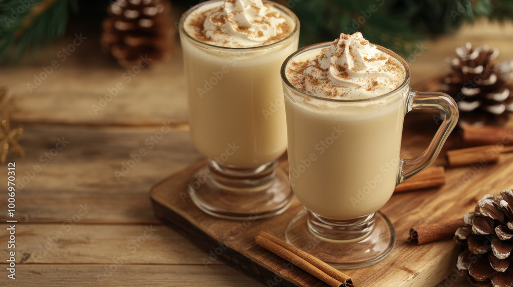 Homemade Eggnog with Cinnamon and Whipped Cream. Lait de Poule, Eggnog Month. Homemade Eggnog with Cinnamon and Whipped Cream. Lait de Poule, Eggnog Month.