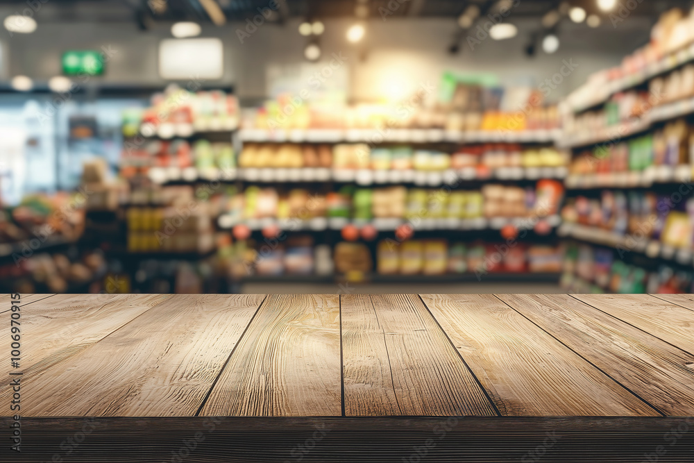 Wooden tabletop with a blurred background of a supermarket interior for product display montage Wooden tabletop with a blurred background of a supermarket interior for product display montage