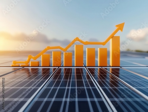 Solar panels on rooftops with a superimposed financial growth chart, green engineering, renewable energy economics photo