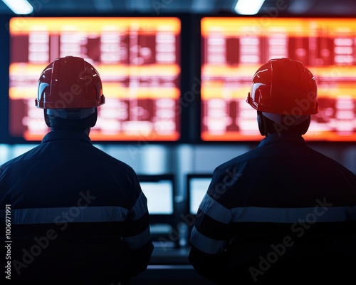 Engineers discussing cost overruns in a high-tech control room with economic models on screens, budget control, project economics photo