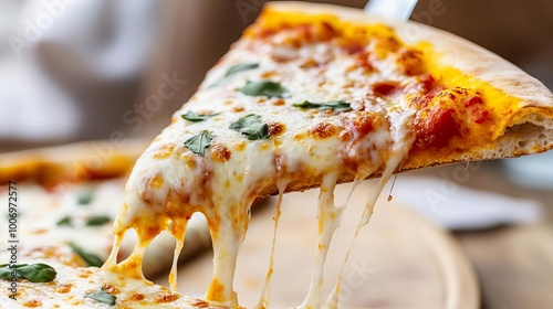 Margarita pizza slice lifted, herbs scattered, melted cheese details