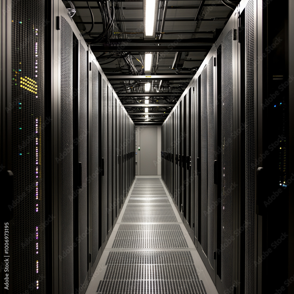 Fototapeta premium server room featuring long corridor lined with rows of servers, showcasing modern and organized data center environment. atmosphere is technical and efficient, highlighting importance of technology