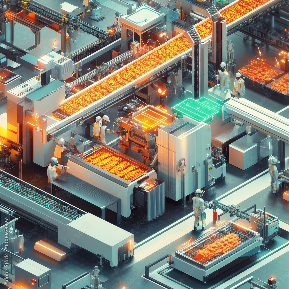 vibrant food processing plant bustling with workers, showcasing advanced machinery and automated systems. scene captures dynamic environment of food production, highlighting efficiency and teamwork