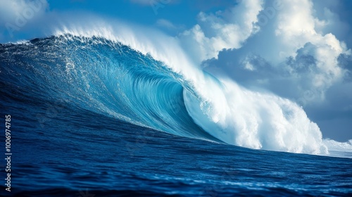 A powerful teahupoo wave, famous for surfing, looms with crystal blue waters and frothy white spray in french polynesia